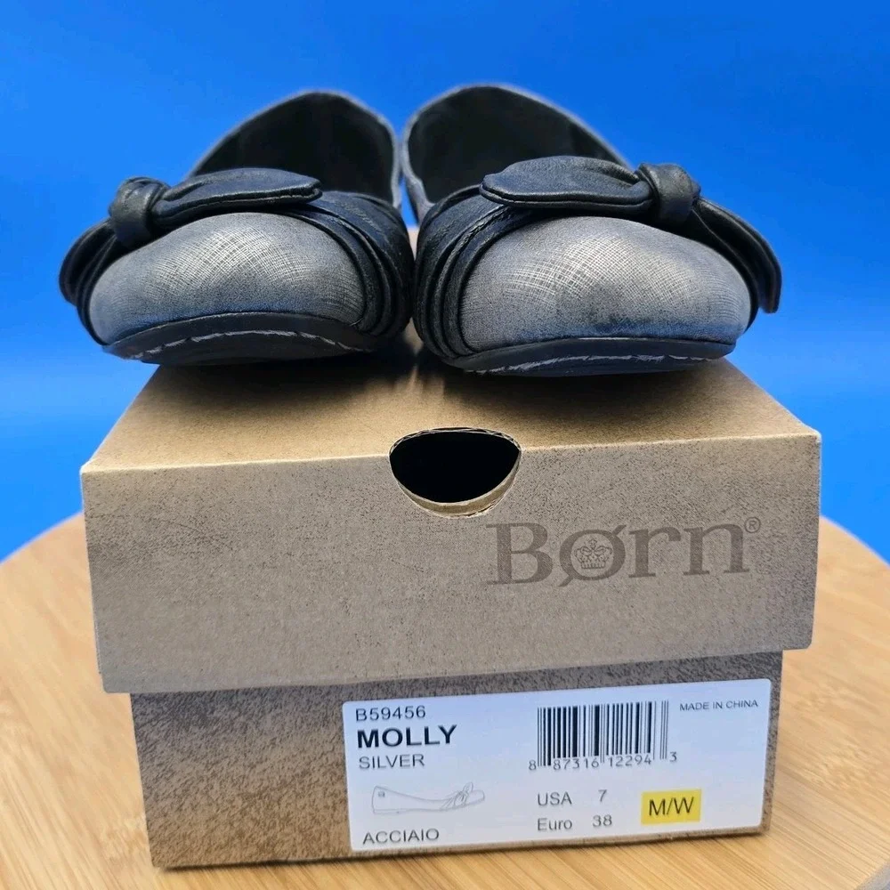 Born Ballet Flats Womens Silver Black Leather Casual Bow Slip On Shoes Sz 7.5M‎